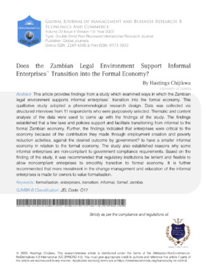 Does the Zambian Legal Environment Support Informal Enterprises` Transition into the Formal Economy?