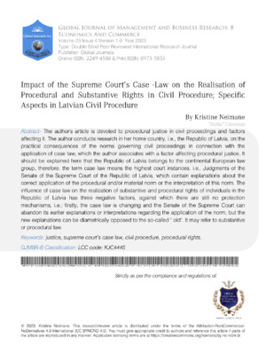 Impact of The Supreme Court's Case -Law on the Realisation of Procedural and Substantive Rights in Civil Procedure; Specific Aspects in Latvian Civil  Procedure