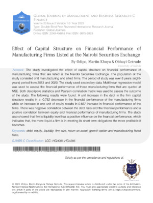Effect of Capital Structure on Financial Performance of Manufacturing Firms Listed at the Nairobi Securities Exchange