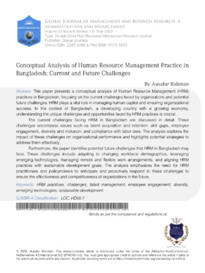 Conceptual Analysis of Human Resource Management Practice in Bangladesh: Current and Future Challenges.