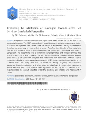 Evaluating The Satisfaction of Passengers Towards Metro Rail Services- Bangladesh Perspective