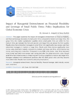 Impact of Managerial Entrenchment on Financial Flexibility and Leverage of Small Public  Firms: Policy Implications for Global Economic Crisis