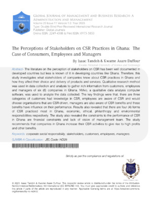 The Perceptions of Stakeholders on CSR Practices in Ghana: The Case of Consumers, Employees and Managers.