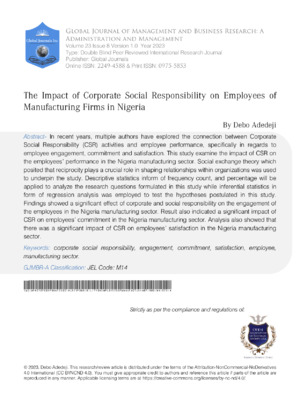 The Impact of Corporate Social Responsibility on Employees of Manufacturing Firms in Nigeria