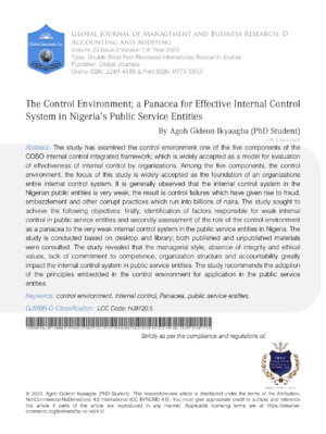 The Control Environment; A Panacea for Effective Internal Control System in Nigeria's Public Service Entities