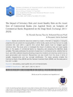 The Impact of Solvency Risk and Asset Quality Risk on the Asset Size of Commercial Banks (An Applied Study on Samples of Commercial Banks Registered on the Iraqi Stock Exchange 2011-2020)