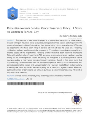 Perception towards Cervical Cancer Insurance Policy: A Study on Women in Barishal City