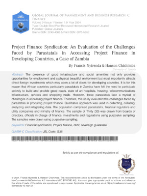 Project Finance Syndication: An Evaluation of the Challenges Faced by Parastatals in Accessing Project Finance in Developing Countries, a Case of Zambia