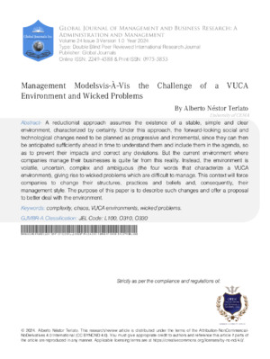 Management Models Vis-À-Vis The Challenge of A VUCA Environment and Wicked