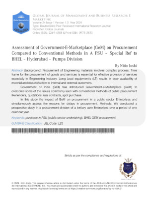 Assessment of Government-E-Marketplace (Gem) on Procurement Compared to Conventional Methods in A PSU - Special Ref to BHEL - Hyderabad - Pumps Division.