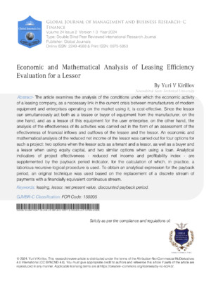 Economic and Mathematical Analysis of Leasing Efficiency Evaluation for a Lessor