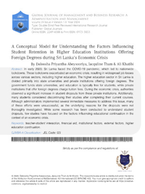 A Conceptual Model for Understanding the Factors Influencing Student Retention in Higher Education Institutions Offering Foreign Degrees During Sri Lankas Economic Crisis