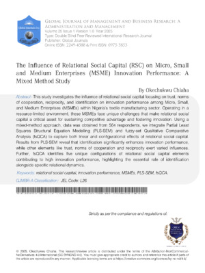 The Influence of Relational Social Capital (RSC) on Micro, Small and Medium Enterprises (MSME) Innovation Performance: A Mixed Method Study