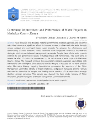 Continuous Improvement and Performance of Water Projects in Machakos County, Kenya