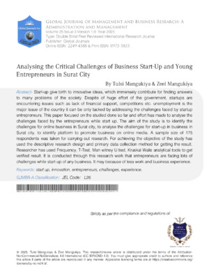Analysing the Critical Challenges of Business Start-Up and Young Entrepreneurs in Surat City