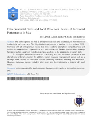 Entrepreneurial skills and local resources levers of territorial performance in Sfax