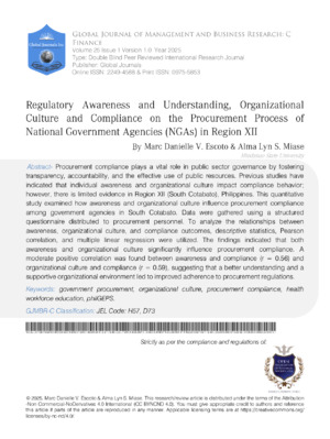 Regulatory Awareness and Understanding, Organizational Culture, and Compliance in the Procurement Processes of National Government Agencies in Region XII