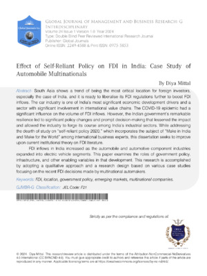 Effect of Self-Reliant Policy on FDI in India: Case Study of Automobile Multinationals