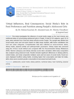 Virtual Influences, Real Consequences: Social Media's Role in Food Preferences and Nutrition Among Punjab's Adolescent Girls