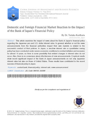 Domestic and Foreign Financial Market Reaction to the Impact of the Bank of Japan's Financial Policy