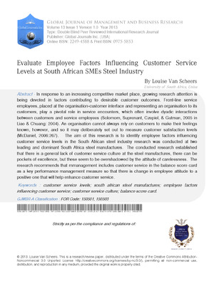 Evaluate Employee Factors Influencing Customer Service Levels at South African SMEs Steel Industry
