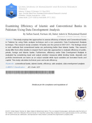 Examining Efficiency of Islamic and Conventional Banks in Pakistan: Using Data Envelopment Analysis