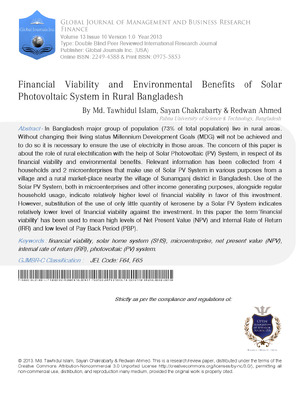Financial Viability and Environmental Benefits of Solar Photovoltaic System in Rural Bangladesh