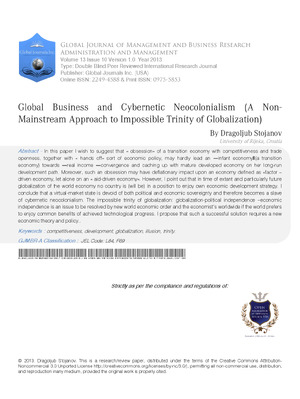 Global Business and Cybernetic Neocolonialism (A Non Mainstream Approach to Impossible Trinity of Globalization)