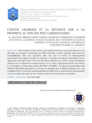 L'EQUITE SALARIALE ET LA DEVIANCE LIEE A LA PROPRIETE AU SEIN DES PME CAMEROUNAISES