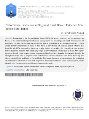 Performance Evaluation of Regional Rural Banks: Evidence from Indian Rural Banks