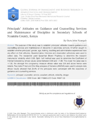 Principals' Attitudes on Guidance and Counselling Services and Maintenance of Discipline in Secondary Schools of Nyamira County, Kenya.