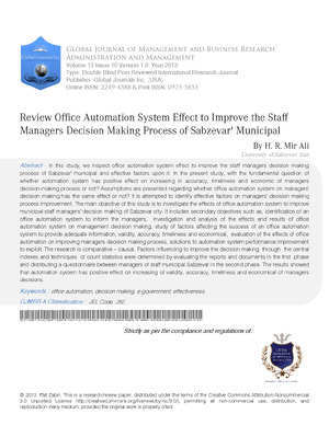 Review Office Automation System Effect to Improve the Staff Managers Decision Making Process of Sabzevar' Municipal