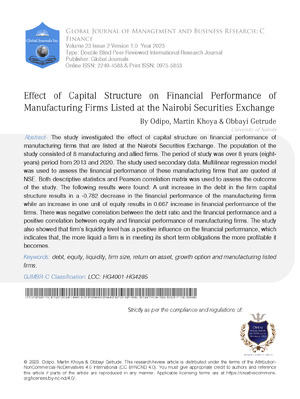 Effect of Capital Structure on Financial Performance of Manufacturing Firms Listed at the Nairobi Securities Exchange