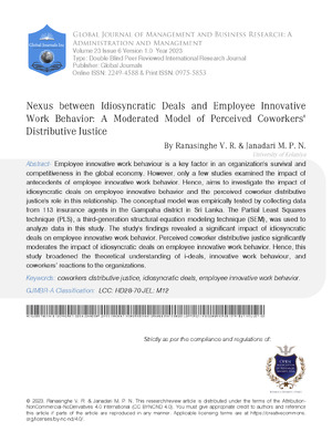 Nexus between Idiosyncratic Deals and Employee Innovative Work Behavior: A Moderated Model of Perceived Coworkers Distributive Justice