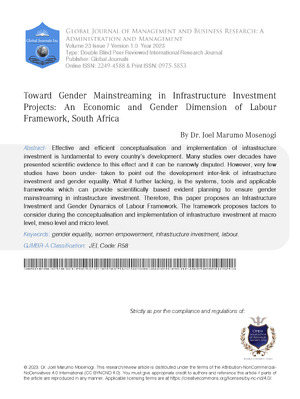 Toward Gender Mainstreaming in Infrastructure Investment Projects: An Economic and Gender Dimension of Labour Framework, South Africa