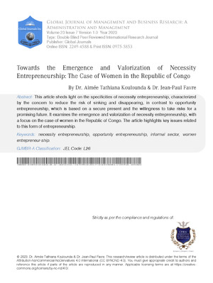 Towards the Emergence and Valorization of Necessity Entrepreneurship: The Case of Women in the Republic of Congo