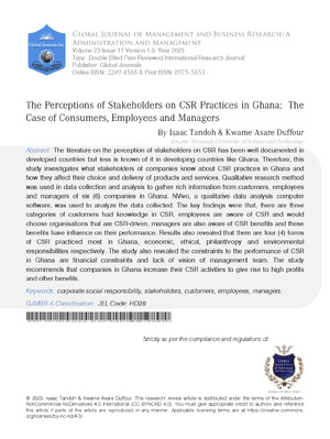 The Perceptions of Stakeholders on CSR Practices in Ghana: The Case of Consumers, Employees and Managers.