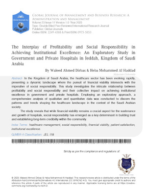 The Interplay of Profitability and Social Responsibility in Achieving Institutional Excellence: An Exploratory Study in Government and Private Hospitals in Jeddah, Kingdom of Saudi Arabia