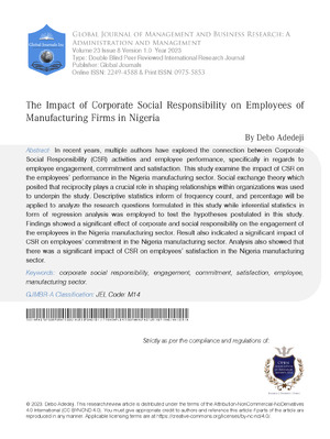 The Impact of Corporate Social Responsibility on Employees of Manufacturing Firms in Nigeria