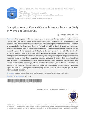 Perception towards Cervical Cancer Insurance Policy: A Study on Women in Barishal City