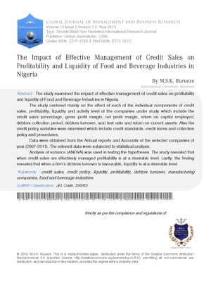 The Impact of Effective Management of Credit Sales on Profitability and Liquidity of Food and Beverage Industries in Nigeria