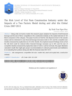 The Risk Level of Viet Nam Construction Industry under the Impacts of a Two Factors Model During and after the Global Crisis 2007-2011